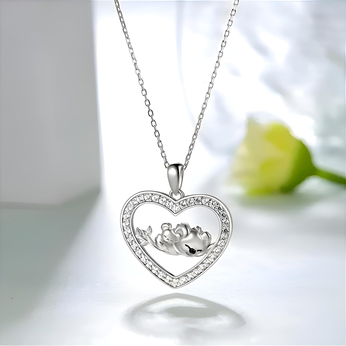 SUPAC Heart-Shaped Koala Family Jewelry Set, Crystal-Studded Necklace and Earrings, Silver, 15.74 inch Chain