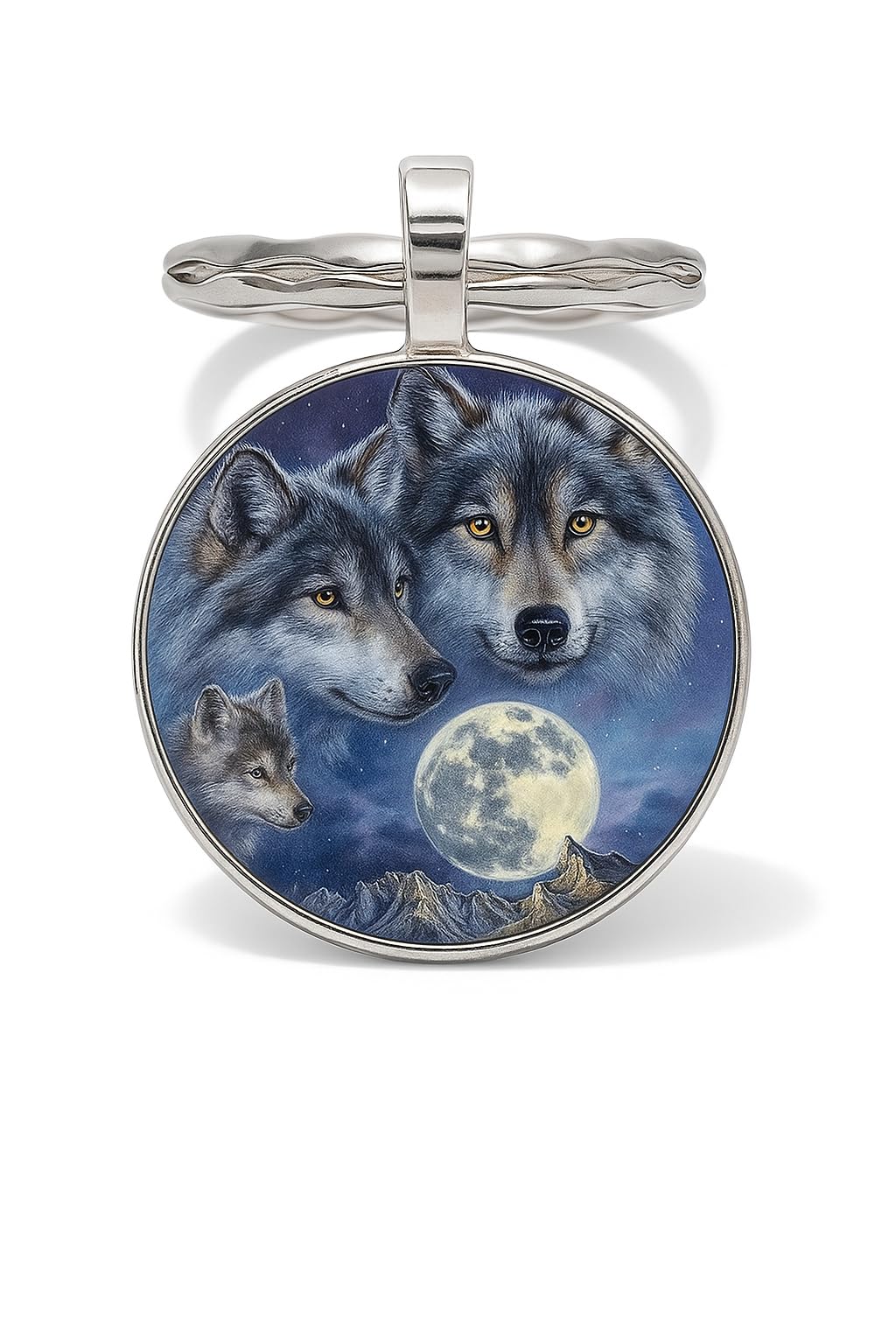 SUPAC Mountain Sunset Stained Glass Art Keychain, Nature Scene Design, Round Pendant (Wolf Hug)