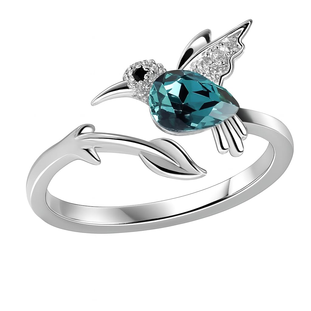 Stainless Steel Hummingbird Ring with Enamel Flowers, Adjustable, Turquoise and Purple