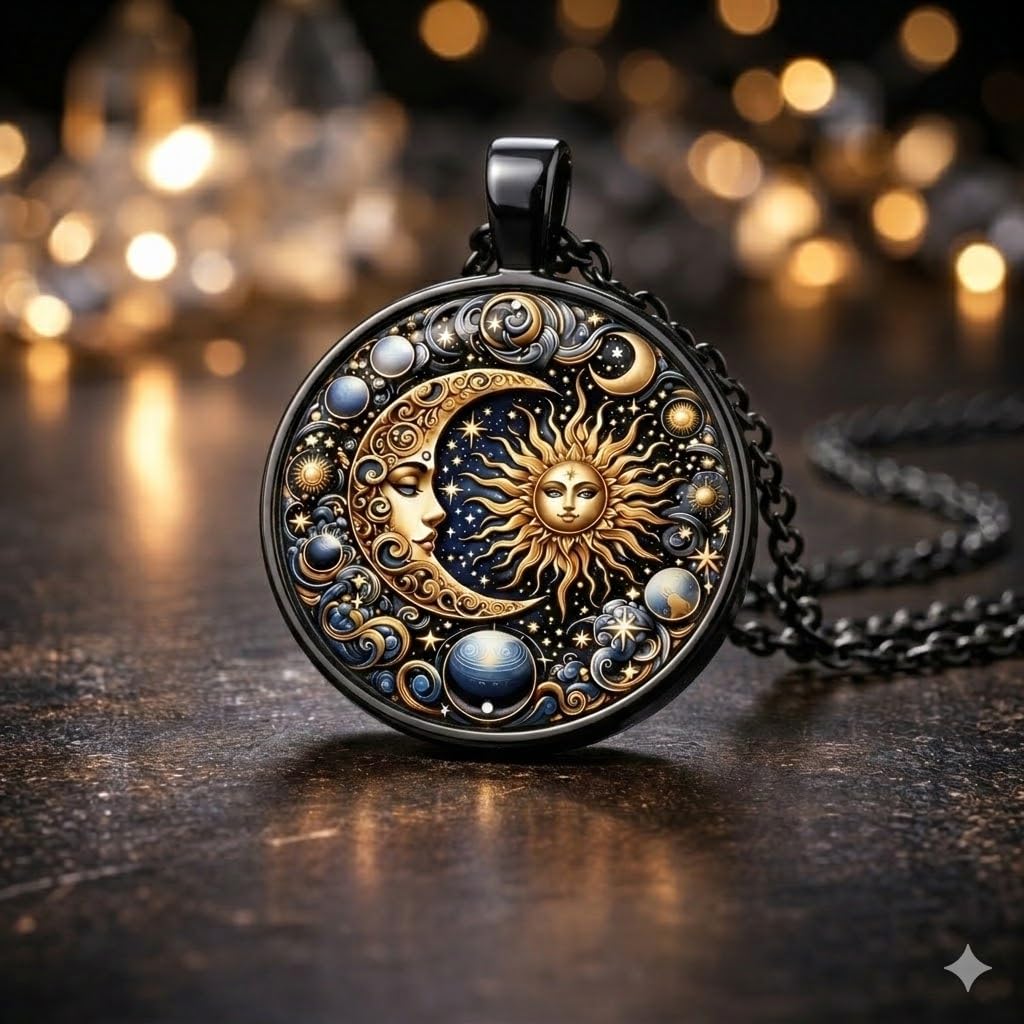 Celestial Sun and Moon Pendant Necklace, Mystical Galaxy Design, Black and Gold, 45cm Chain with 5cm Extension, 2.5cm Round Medallion
