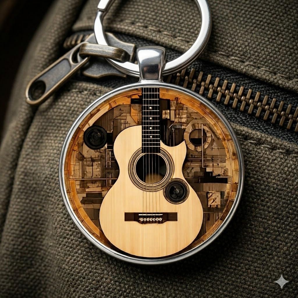 SUPAC Decorative Acoustic Guitar Keychain, 2D Flat Design, 1.18 inch Ring