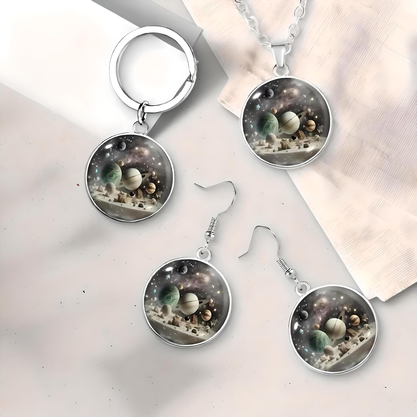 Galaxy Space Jewelry Set, Solar System Pendant Necklace with Earrings and Keychain - Solar System Jewelry Gift