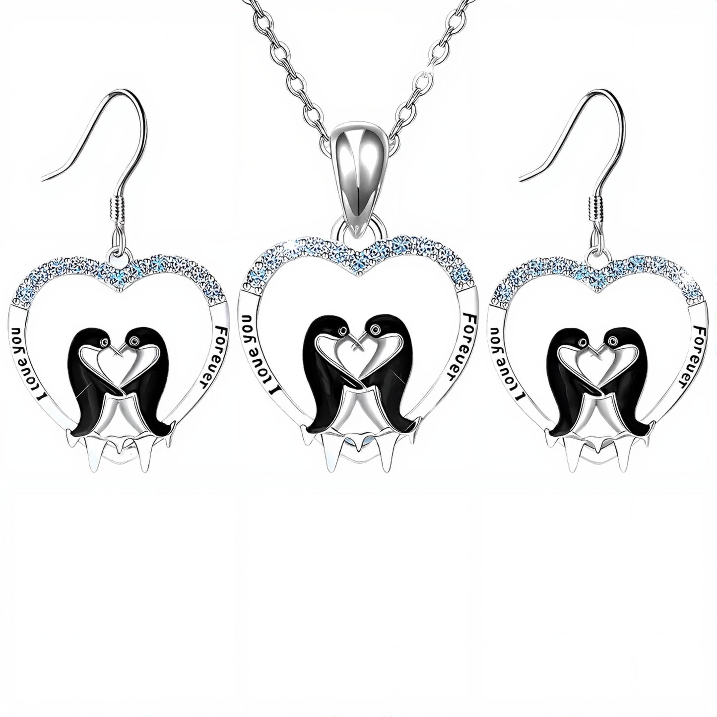 SUPAC Sterling Silver Penguin Pendant Necklace with Opal Stone and CZ Accents, 'Love You Forever' Engraved - Happy Feet Penguin