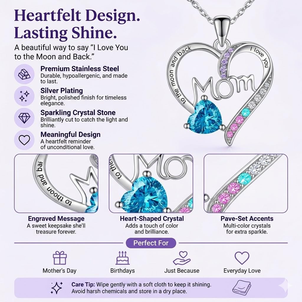 SUPAC Heart Mom Necklace, Sterling Silver Crystal Pendant with Pink Heart Stone, I Love You to the Moon and Back - Mother's Day Gift
