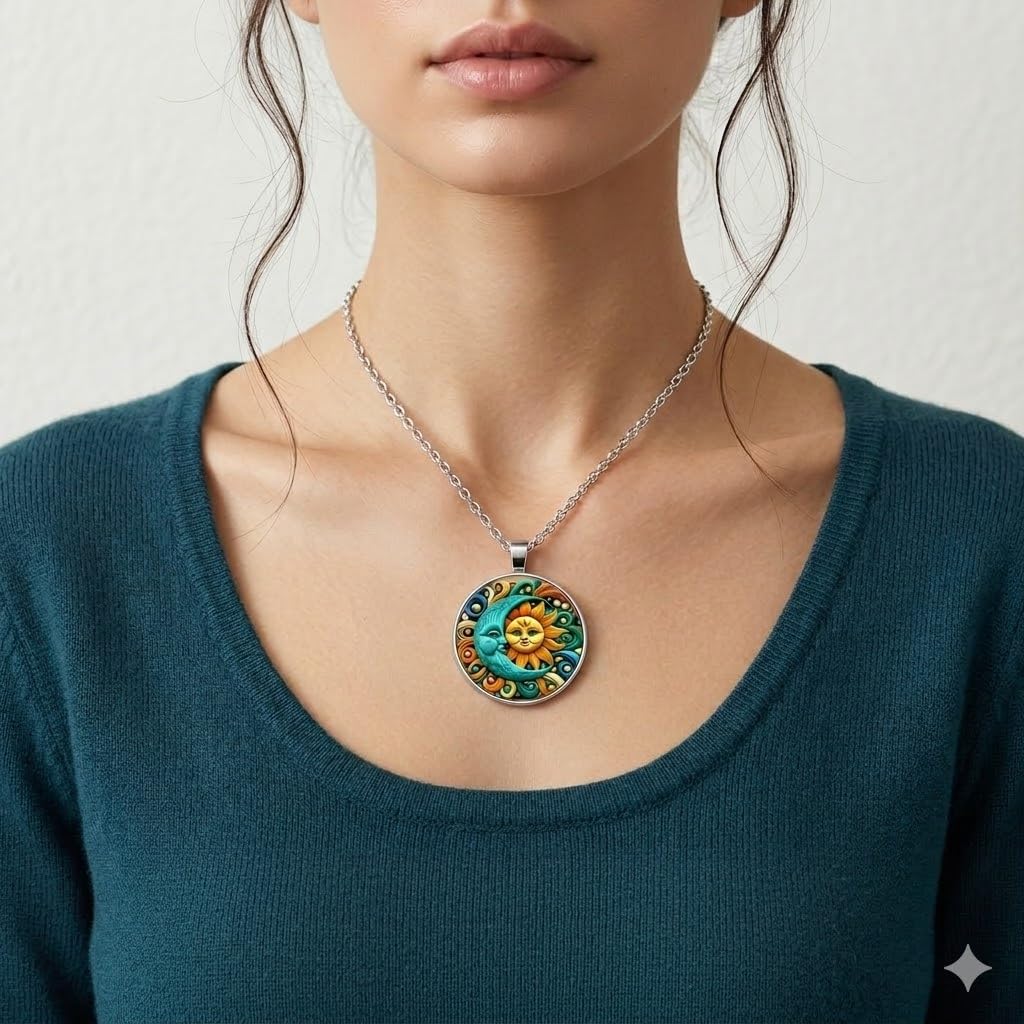 1pc Stunning Round Pendant Necklace - Unique Sun & Moon Pattern, Oil Painting Style Glass Mosaic, Alloy Construction, Trendy Sweater Chain, Fashionable Gift for Women - Christmas or Birthday Gift
