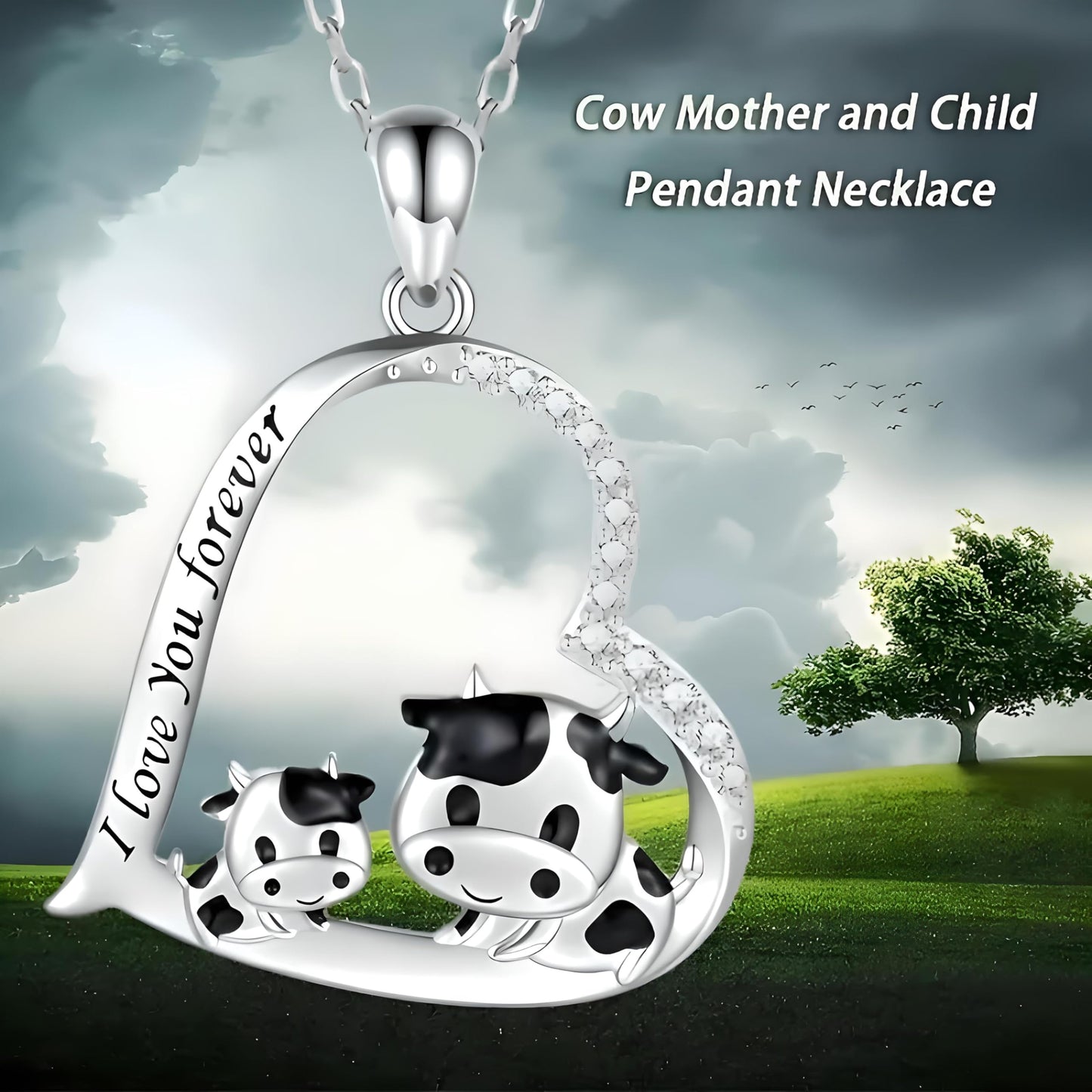Blue Heart Shaped Mother and her Calf Cow Pendant Necklace for Women - Mother's Day Gift, Christmas, or Birthday Gift