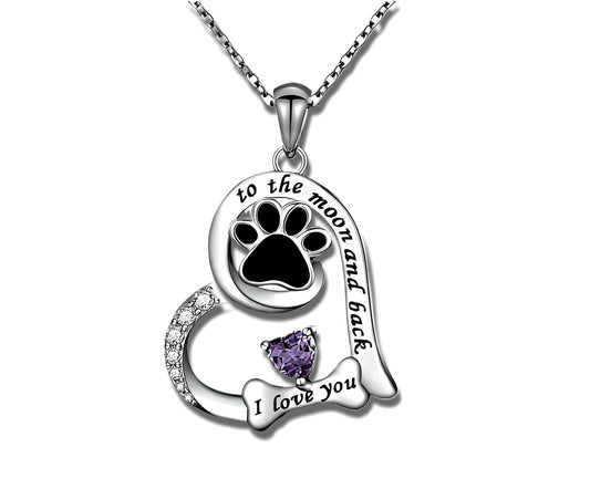 SUPAC Dog Paw Love Pendant Necklace, to the moon and back, I love you- Jewlery Gift for Birthdays or Christmas. Multiple Color Options of Simulated Diamond