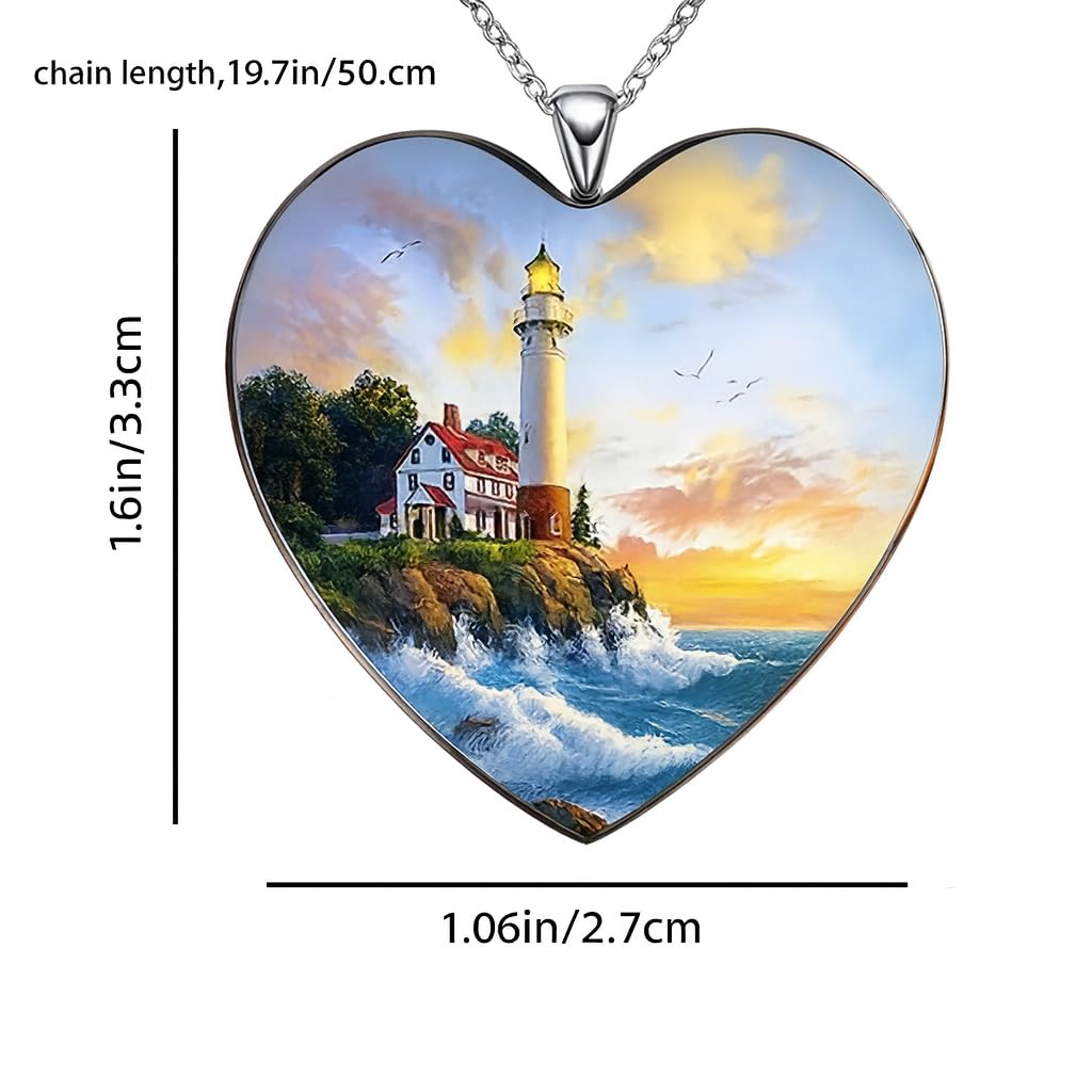 SUPAC Vibrant Landscape Lighthouse Heart Pendant Necklace, Stainless Steel Chain - Christmas, Holiday, or Birthday Gift