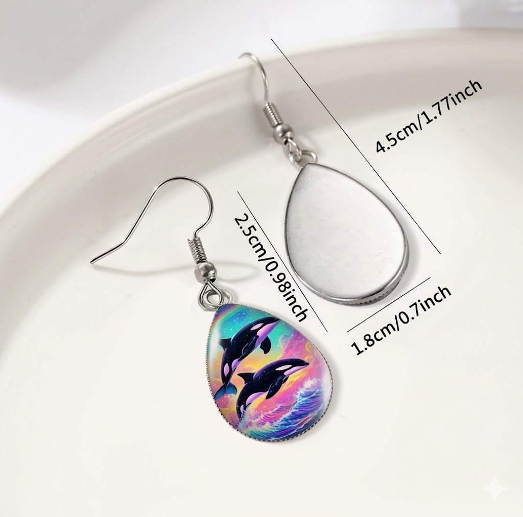 Rainbow Orca Teardrop Dangle Earrings, Colorful Killer Whale Design, Glass Covered, Hypoallergenic Stainless Steel Hooks, 1.77 Inch