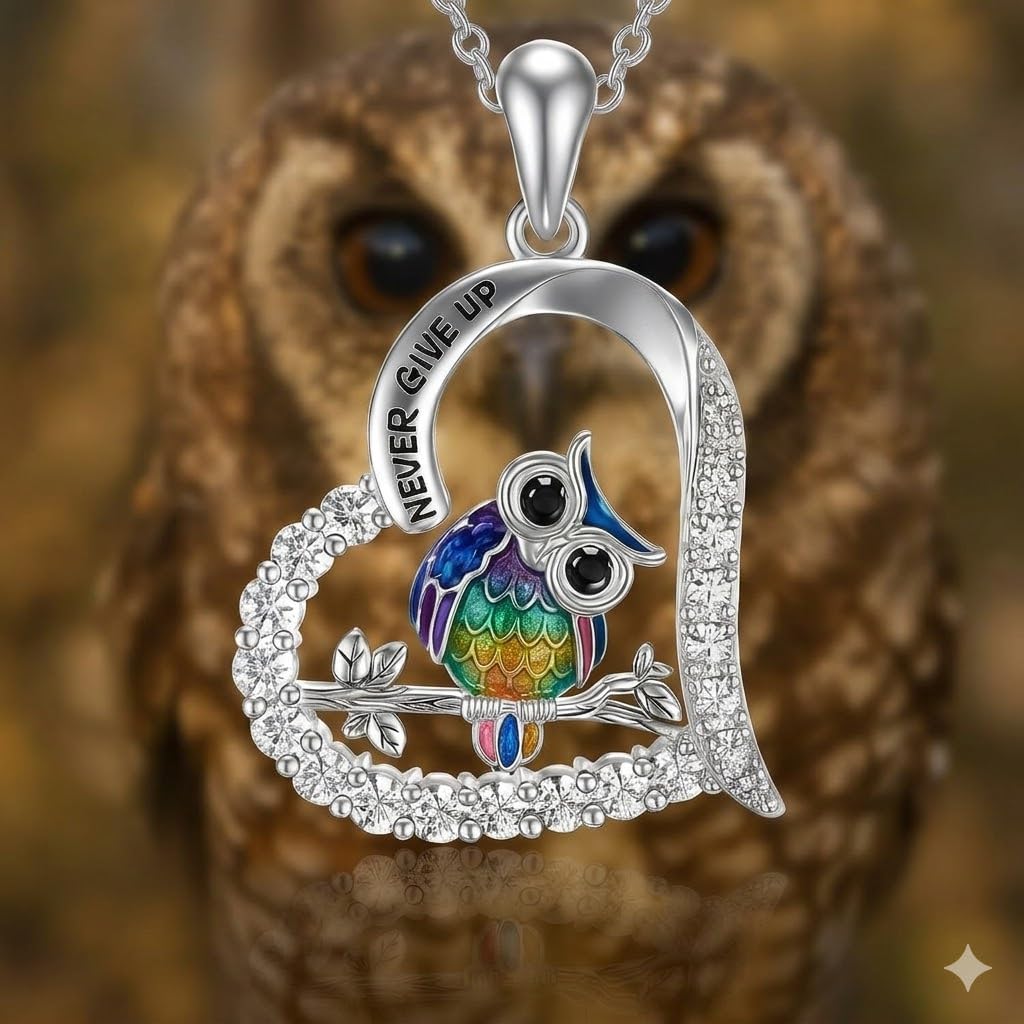 SUPAC Never Give Up Stainless Steel Owl Pendant Necklace, Crystal Rhinestone Crescent Design, 17.91 inch Chain Length, Inspirational Jewelry