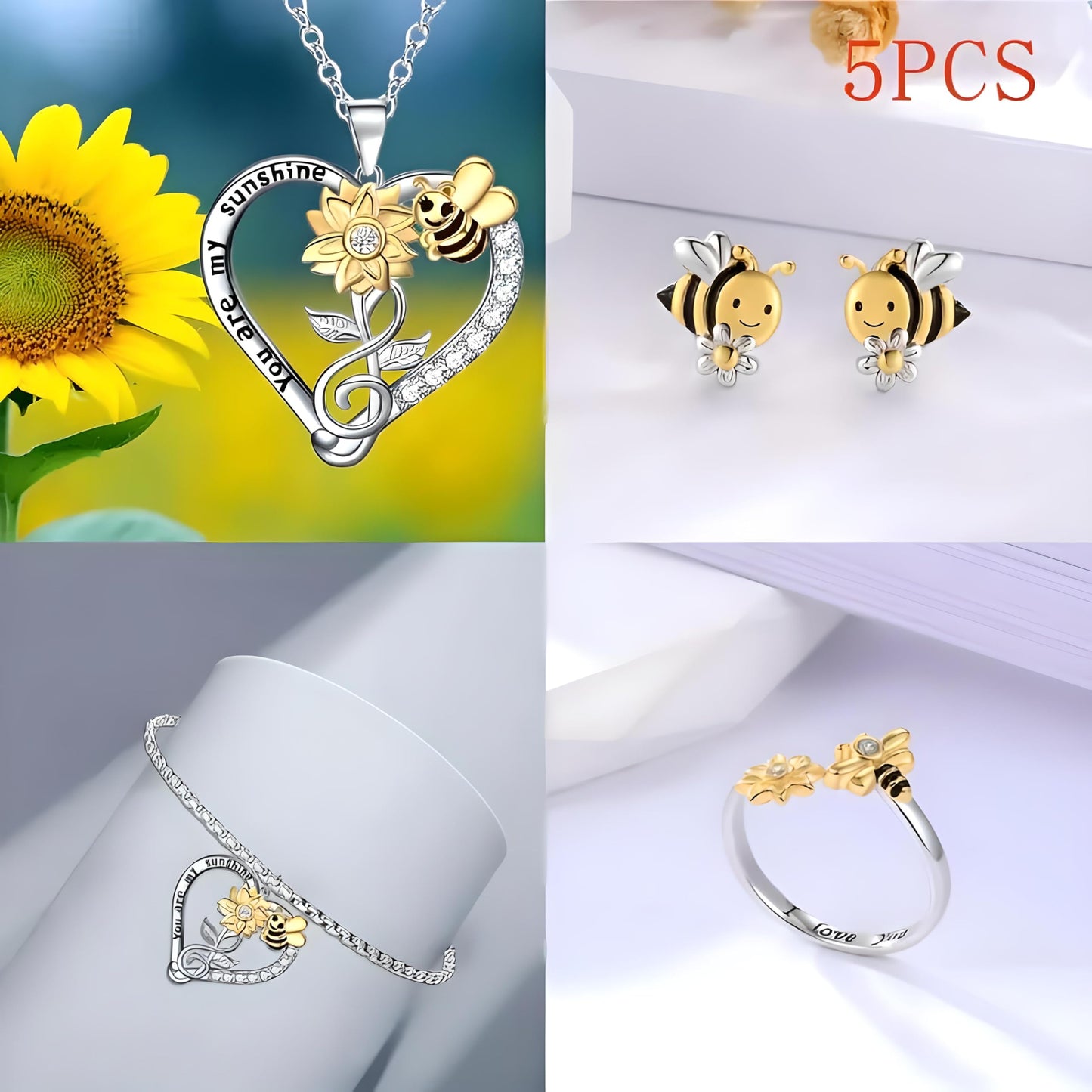 Bee and Sunflower Jewelry Set with Heart Necklace, Bracelet, Ring and Earrings, Two-Tone Silver and Gold