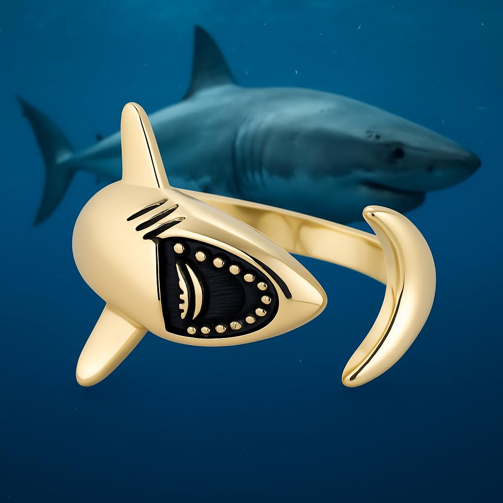 Sterling Silver Great White and Hammerhead Shark Adjustable Ring with Black Cubic Zirconia Accents