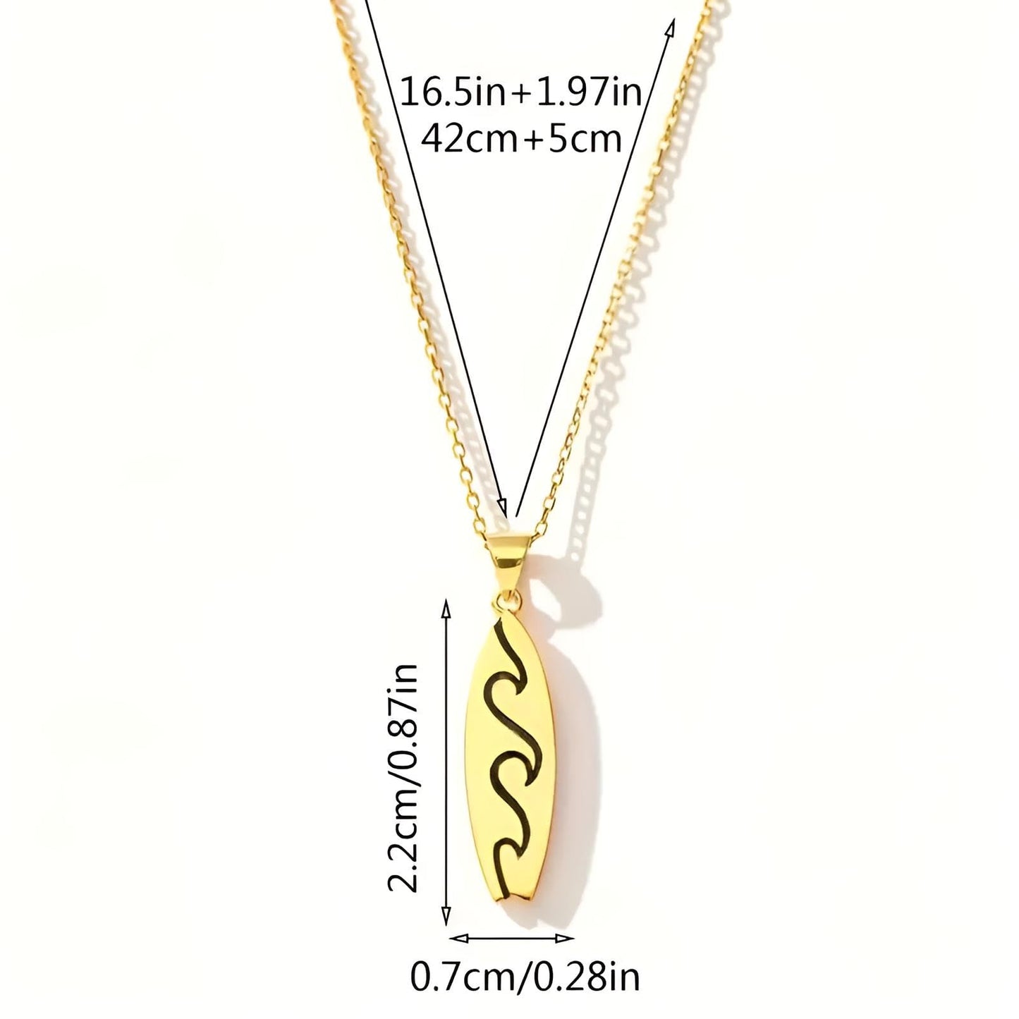 SUPAC Gold Surfboard Wave Pendant Necklace, 16.5 inch Chain with 2 inch Extension, Wave Design