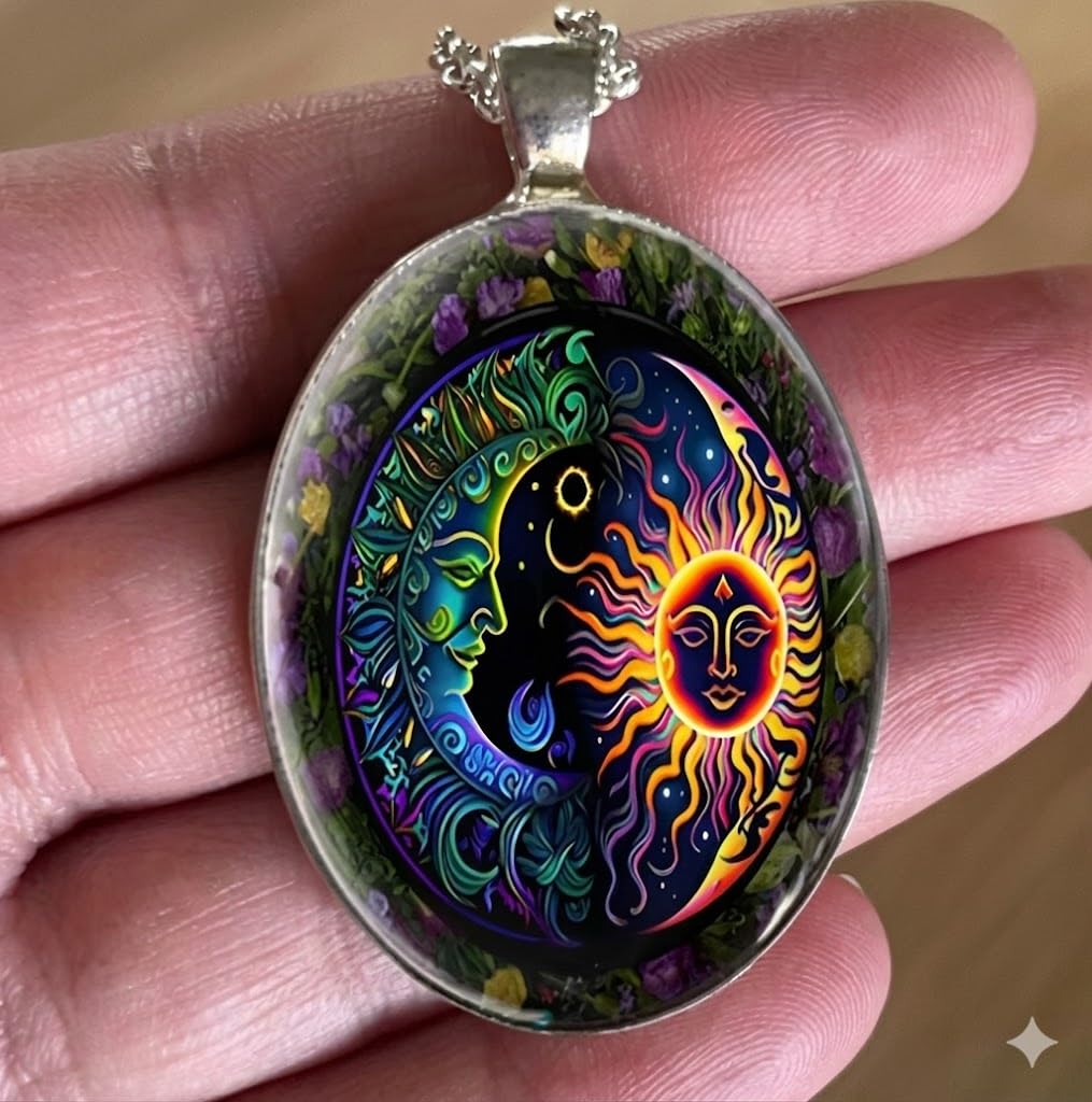 Celestial Sun and Moon Pendant Necklace, 17.7 inch Chain, Colorful Mystical Design
