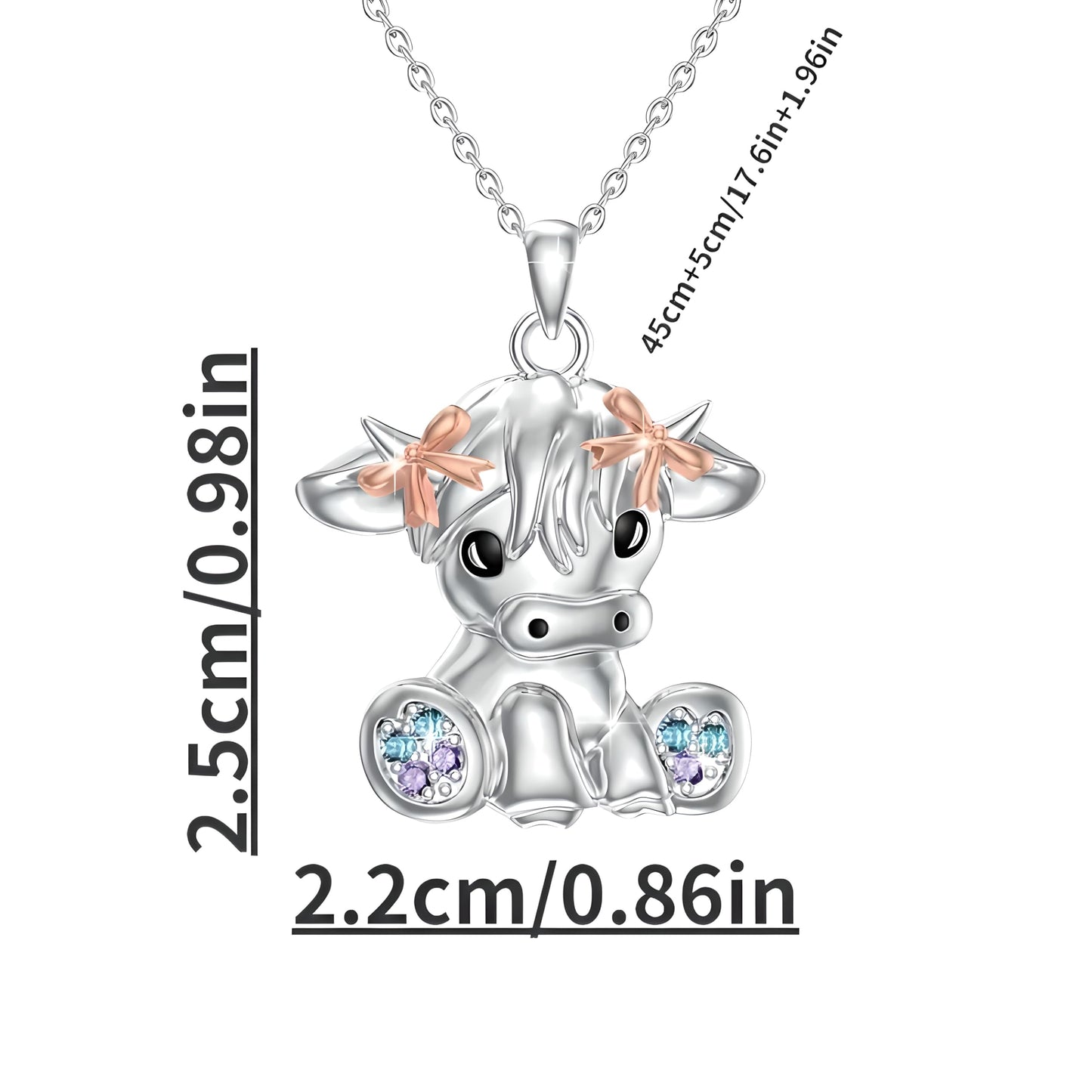 Stainless Steel Cow Pendant Necklace, Crystal Accents, Rose Gold Bows, 17.6 inch Chain