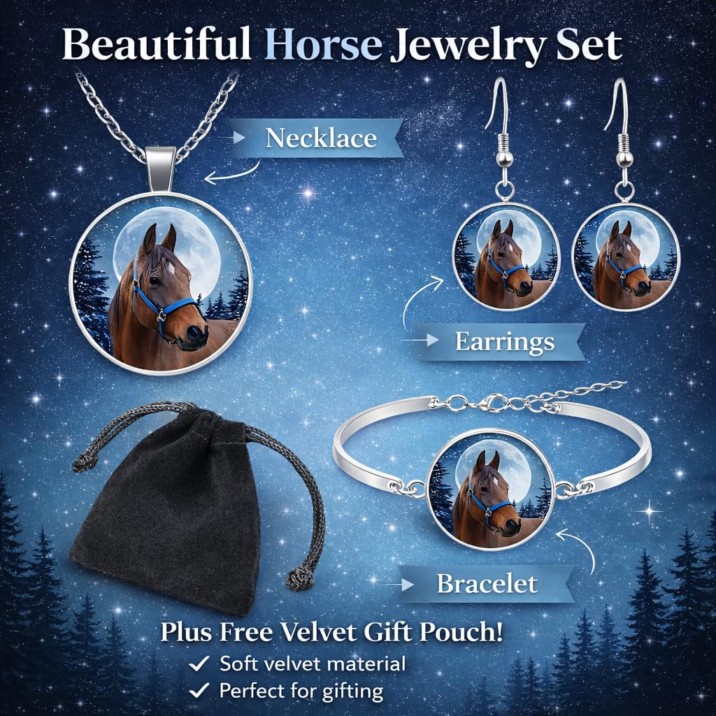 SUPAC Horse Jewelry Set with Necklace, Bracelet and Earrings, Winter Moon Design, 4 Pieces, Silver