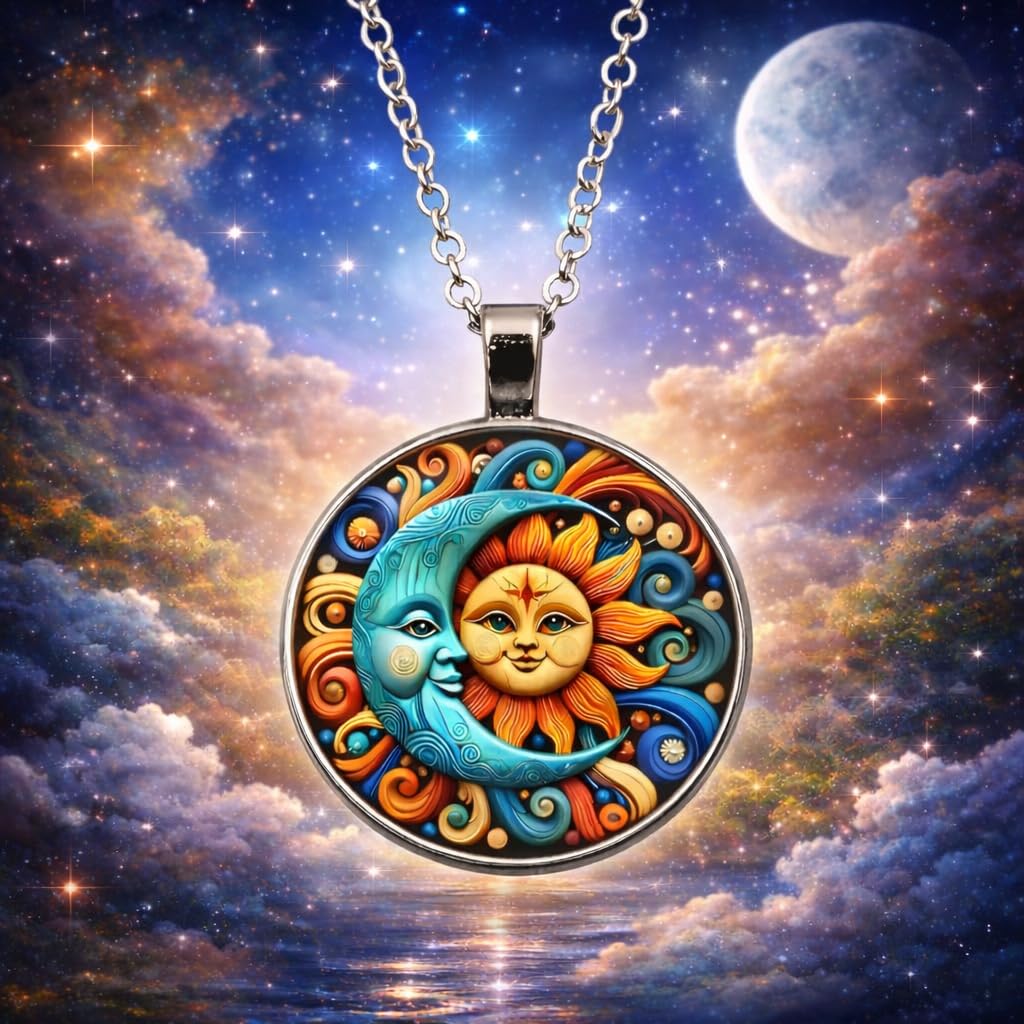 1pc Stunning Round Pendant Necklace - Unique Sun & Moon Pattern, Oil Painting Style Glass Mosaic, Alloy Construction, Trendy Sweater Chain, Fashionable Gift for Women - Christmas or Birthday Gift
