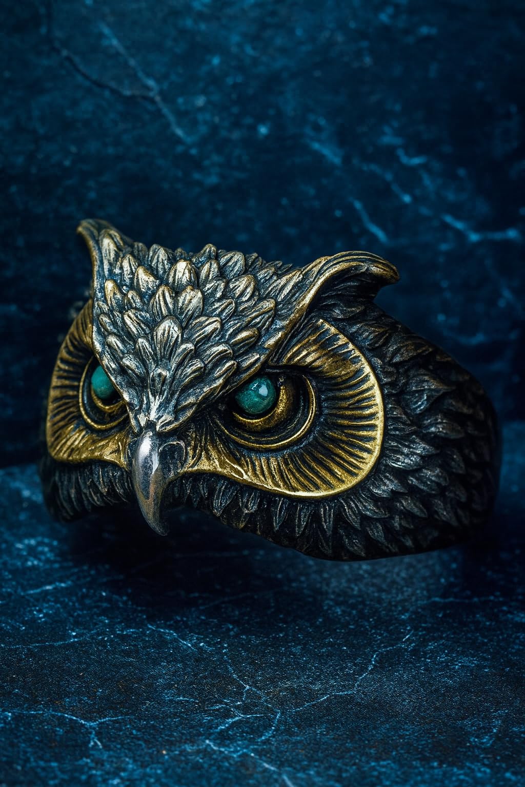 SUPAC Vintage Owl Ring with Turquoise Eyes, Two-Tone Silver and Gold Finish, Detailed Feather Design, Adjustable Size