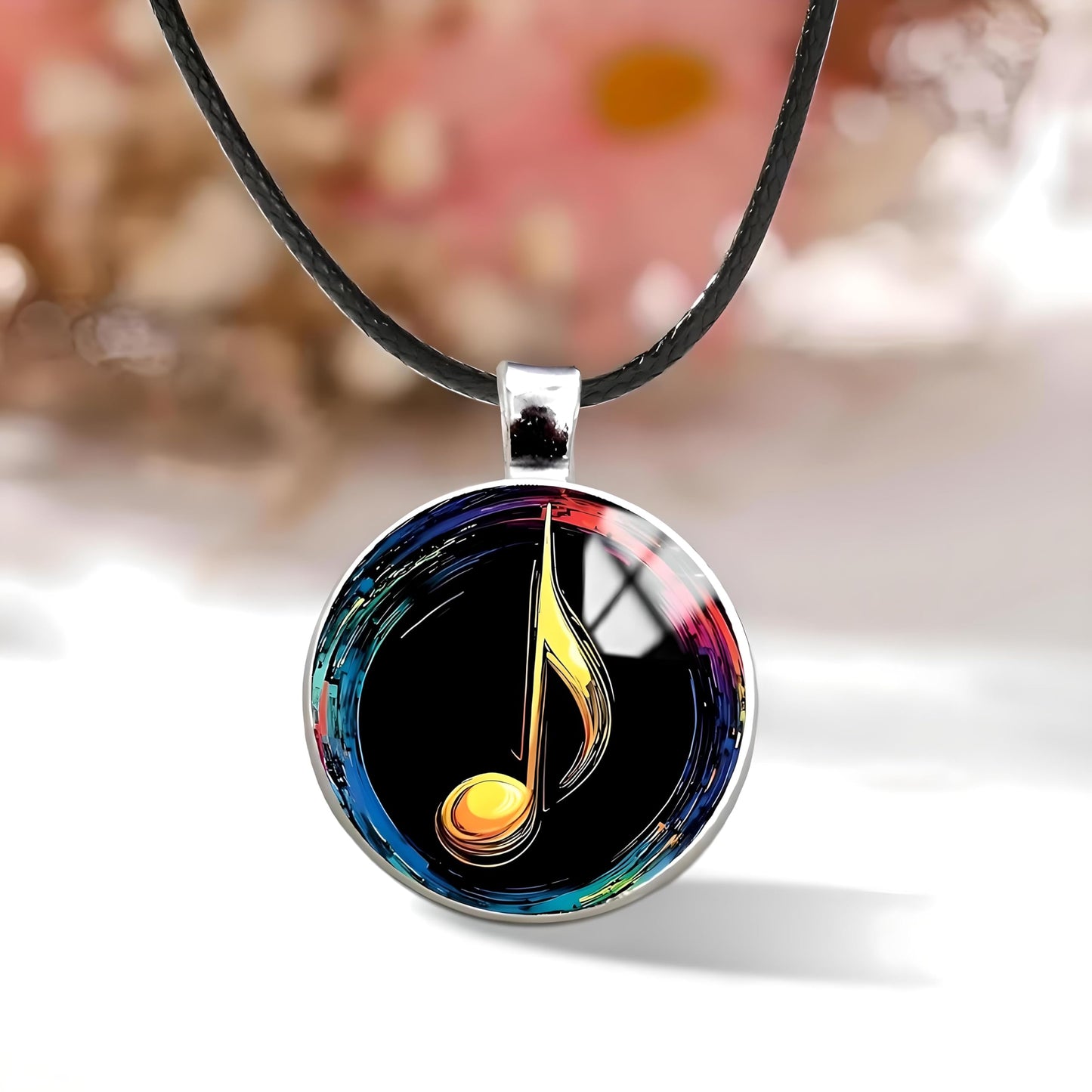 SUPAC Musical Note Pendant Necklace, Black Leather Cord, Eighth Note, Treble Clef, 17.7 Inch Chain with 2 Inch Extension