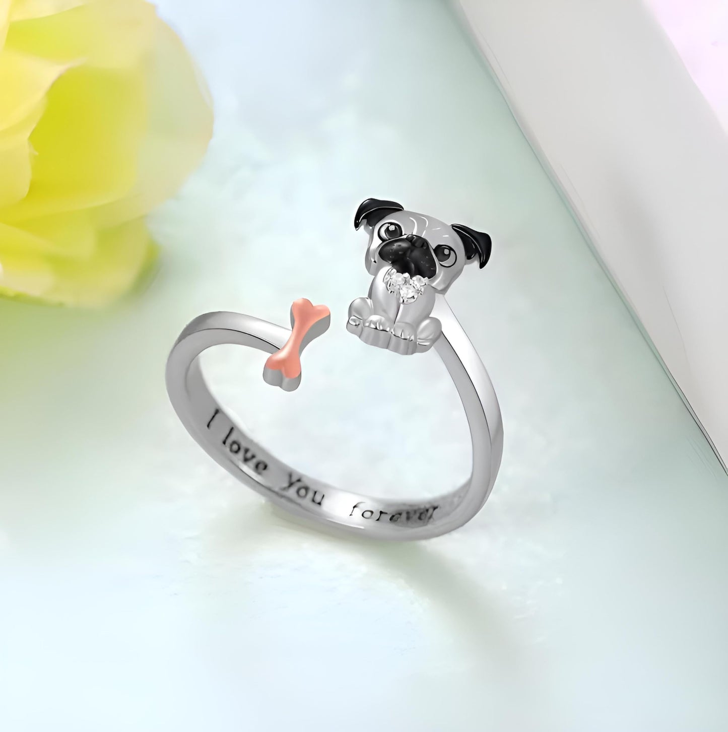 SUPAC German Shepherd, Yorkie, Pug Dog Paw Adjustable Ring, Sterling Silver, Paw Print Design with Crystal Accents - Christmas, Birthday, or Party Ring