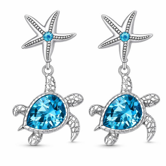Pair of Cute Starfish and Turtle Stud Earrings - Stainless Steel Ear Needles, Man Made Rock Mosaic, Plated White K Finish, Alloy Construction