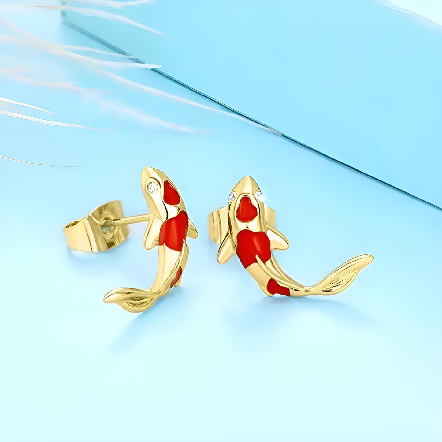Stainless Steel Koi Fish Ring and Earrings Set with Red Enamel, Japanese Style - Koi Fish Jewelry Gift