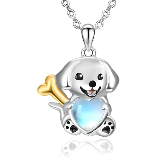 Cute Puppy Pendant Necklace with Blue Heart and Gold Bone, 17.7 inch Chain, Silver