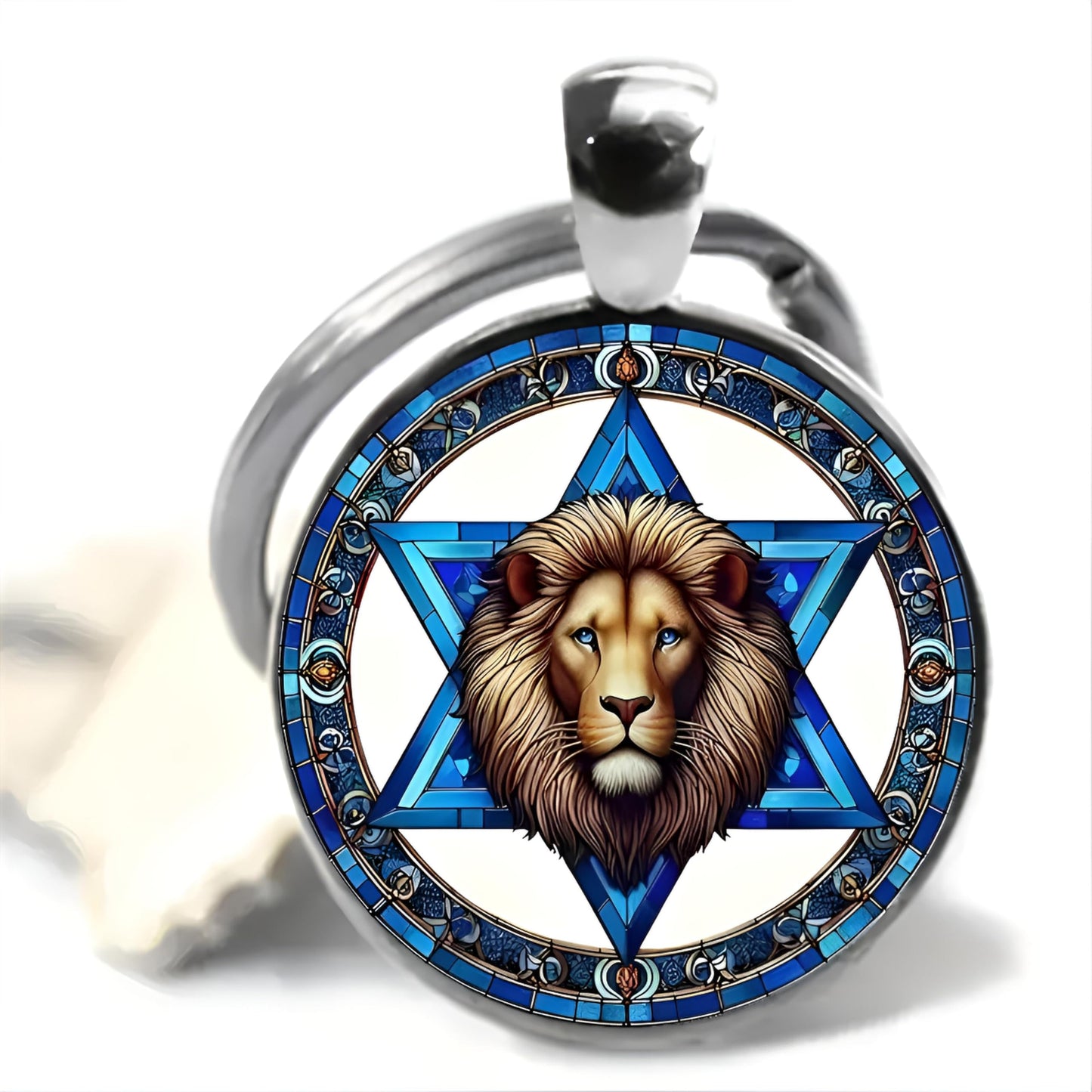 SUPAC Star of David Lion Keychain, Religious Judaica Design, Blue and Gold Medallion with Ornate Border, 1.18 inch Ring, 0.98 inch Pendant