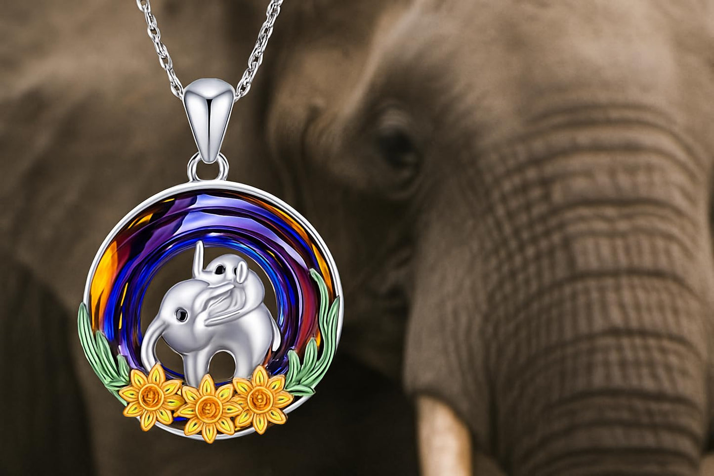 Stainless Steel Animal Pendant Necklace Set, Elephant with Sunflower, Hummingbird, Cat Design, Multi-Color Crystal (Elephant)