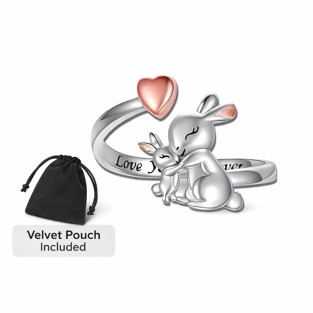 Silver Mom Daughter Adjustable Animal Ring Love Heart Animal Rings Jewelry Mother's Day Gifts for Women Wife Nana 6+ Variaitons (Rabbit)