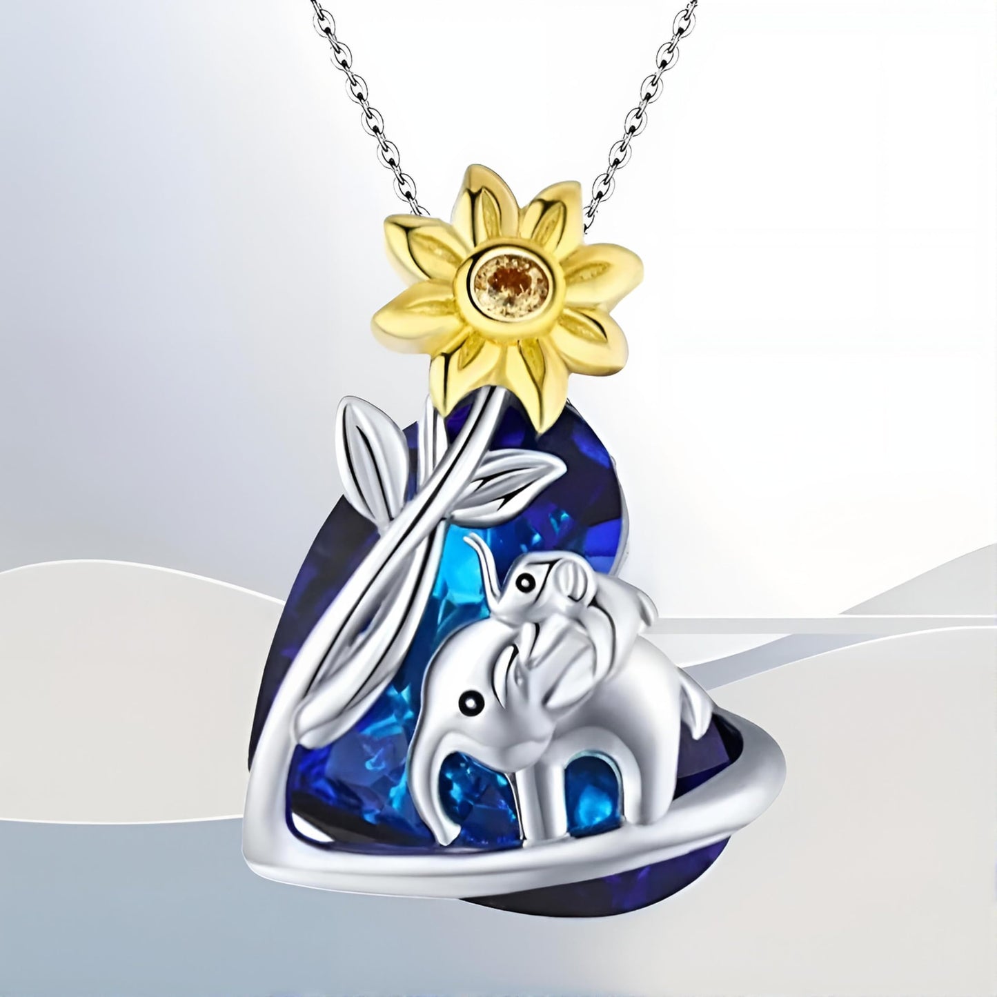 Stainless Steel Animal Pendant Necklace Set, Elephant with Sunflower, Hummingbird, Cat Design, Multi-Color Crystal (Elephant W/Sunflower)