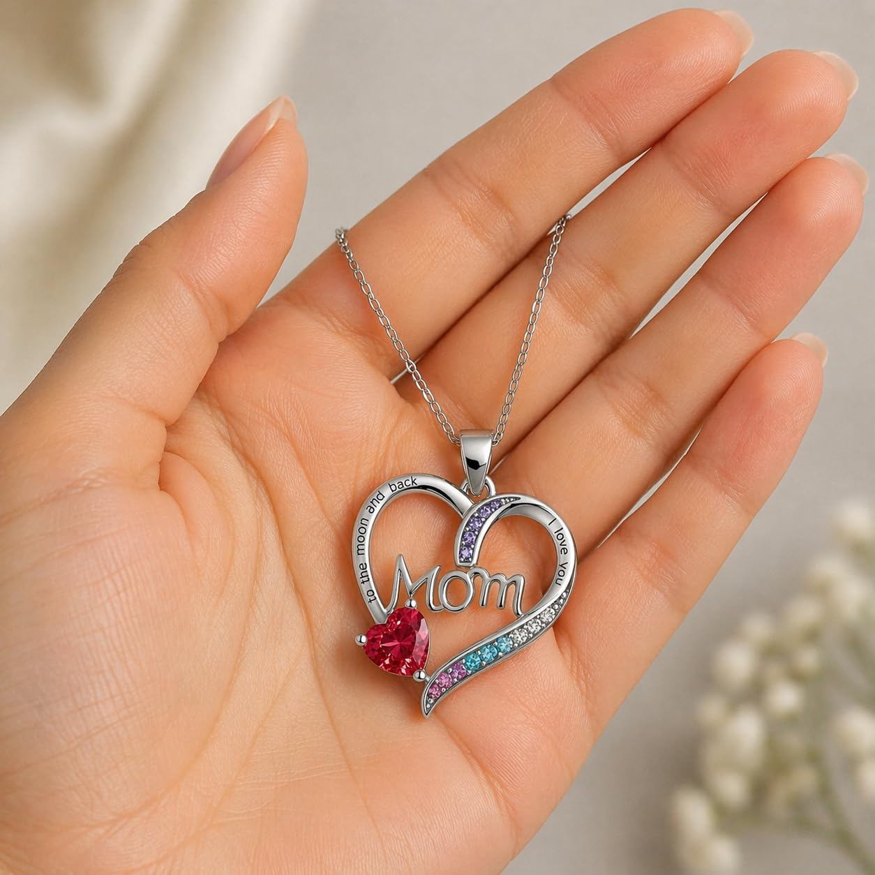 SUPAC Heart Mom Necklace, Sterling Silver Crystal Pendant with Pink Heart Stone, I Love You to the Moon and Back - Mother's Day Gift