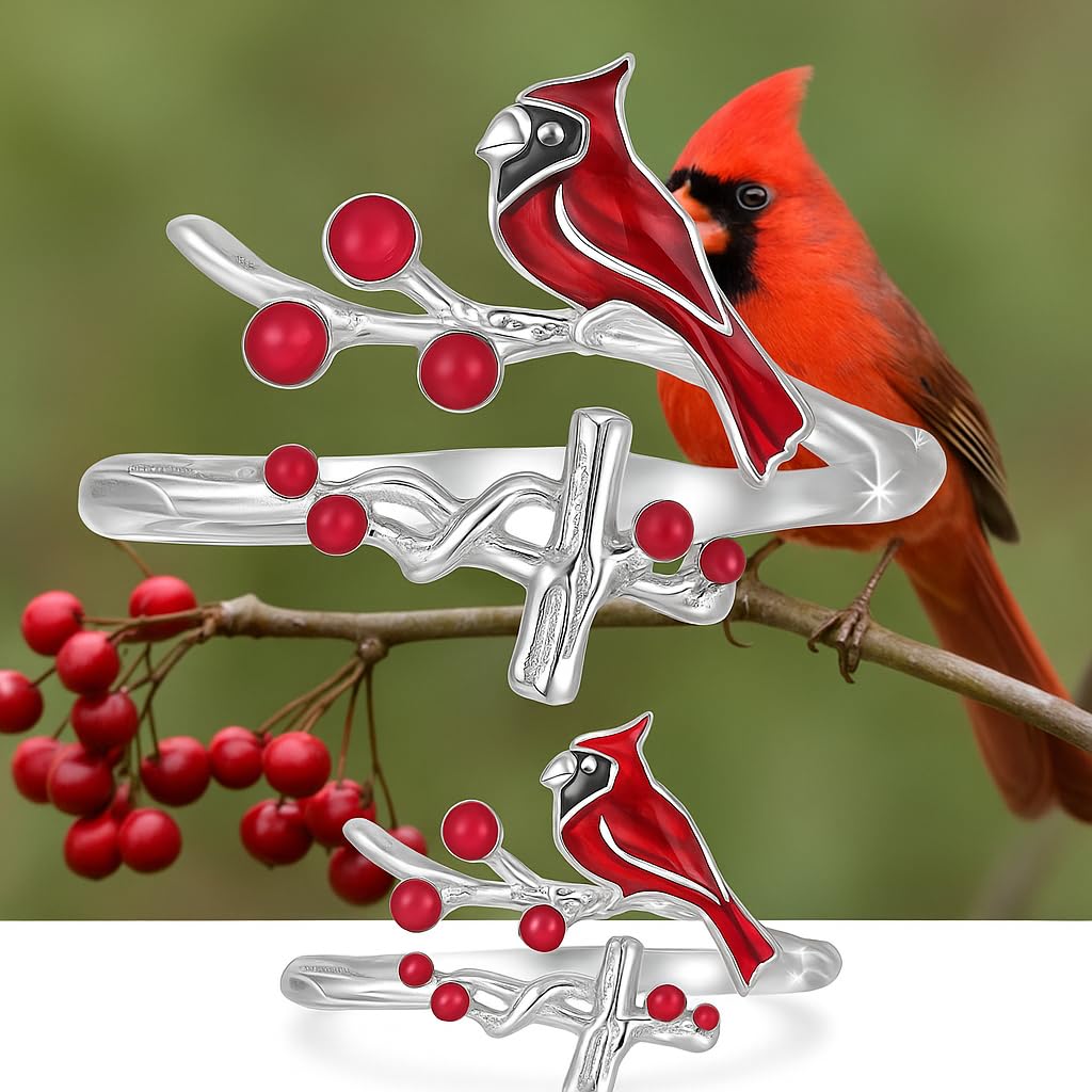 SUPAC Red Cardinal Cross Ring, Silver-Plated 'I Am Always with You' Inspirational Message, Adjustable - Christmas, Party, or Birthday Gift