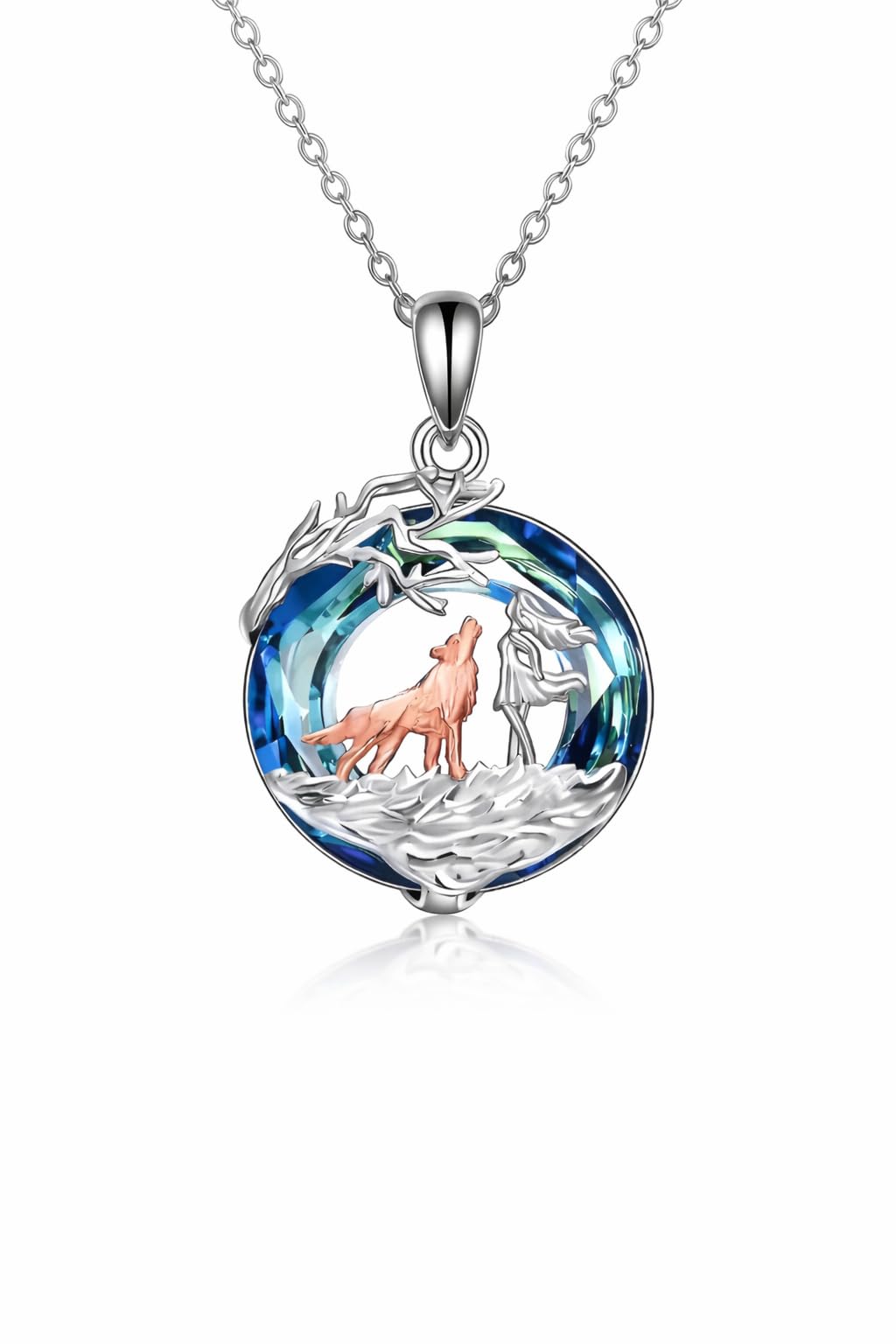 SUPAC Wolf Winter Scene Pendant Necklace, Blue Crystal, Stainless Steel Chain, 1.25 inch