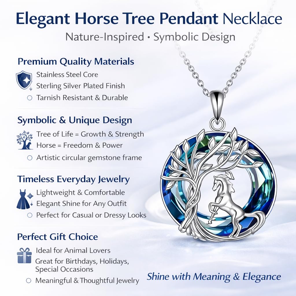 SUPAC Tree of Life Swing, Sloth, Horse + Other Styles Pendant Necklace, Silver Chain, Crystal Rainbow Background - Gift for Friends (Horse)