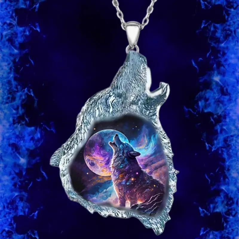 Wolf Howling Galaxy, Solar System, Snow Field, Pendant Necklace, Stainless Steel Chain - Christmas, Birthday, or Party Gift