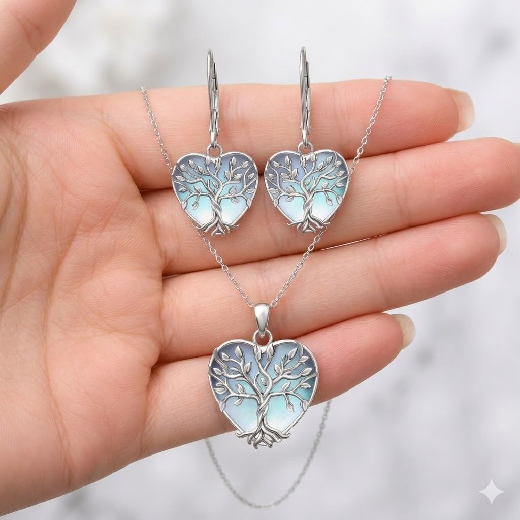 SUPAC Tree of Life Jewelry Set, Blue Crystal Heart Design, Silver-Tone Necklace Bracelet Earrings Keychain, 4-Piece Set