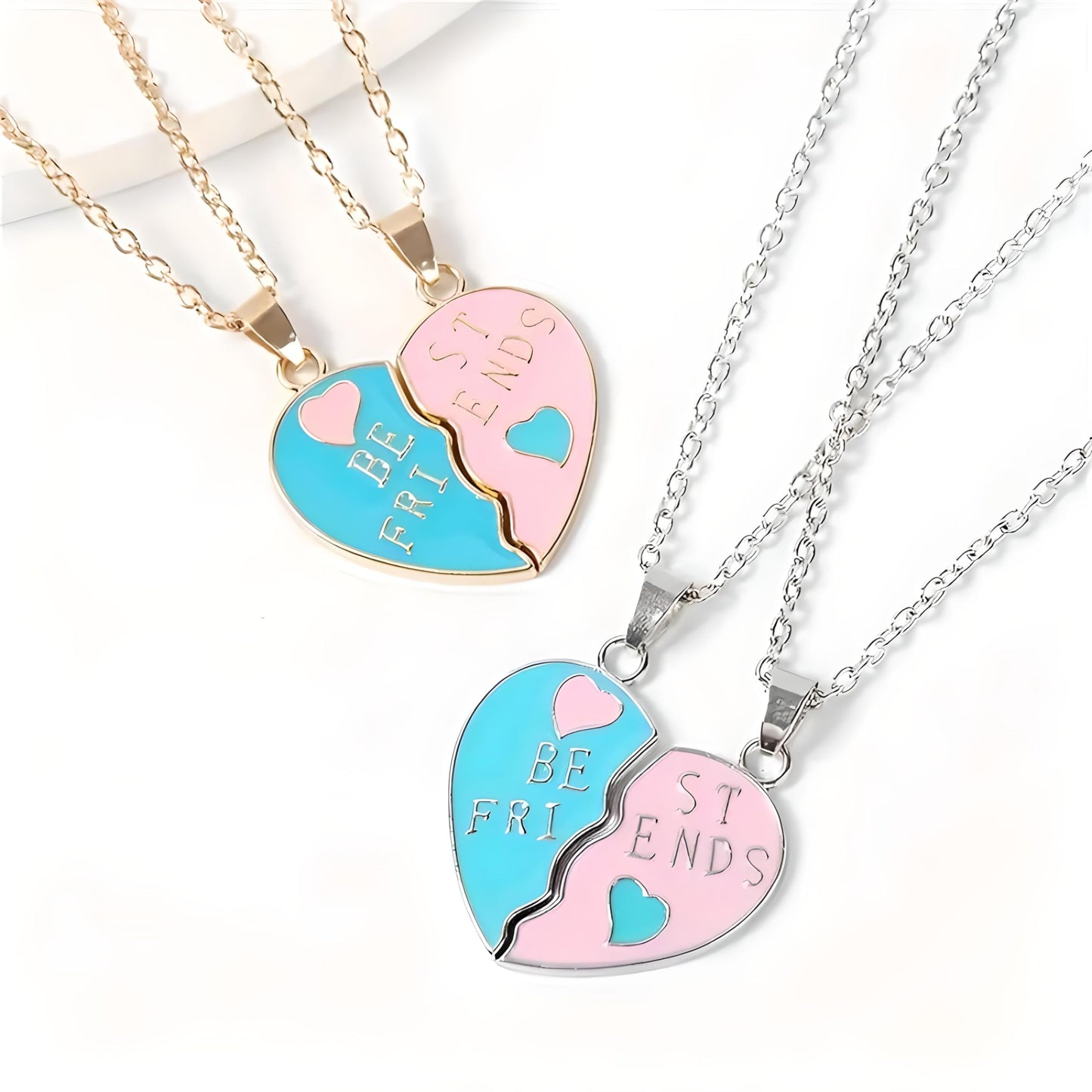 Best Friends Split Heart Pendant Necklaces, Pink and Blue Enamel, 2 Piece Set Gold or Silver Options - Gift for Best Friends