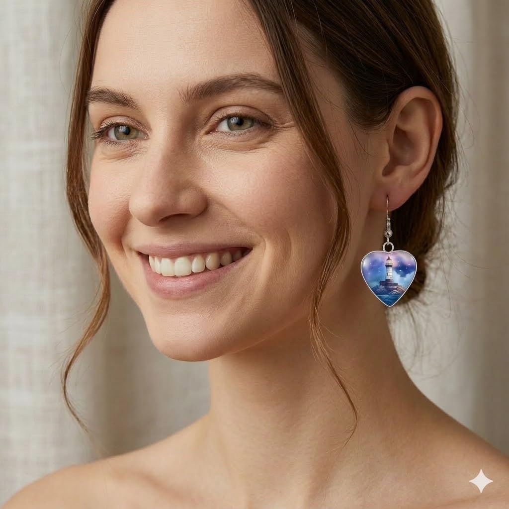 Teardrop Lighthouse Dangle Earrings, Nautical Design, 1.77 inch Length, Silver