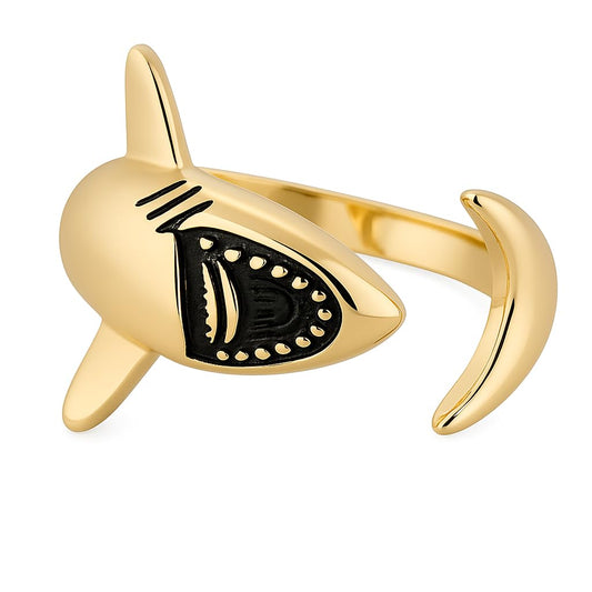 Sterling Silver Great White and Hammerhead Shark Adjustable Ring with Black Cubic Zirconia Accents