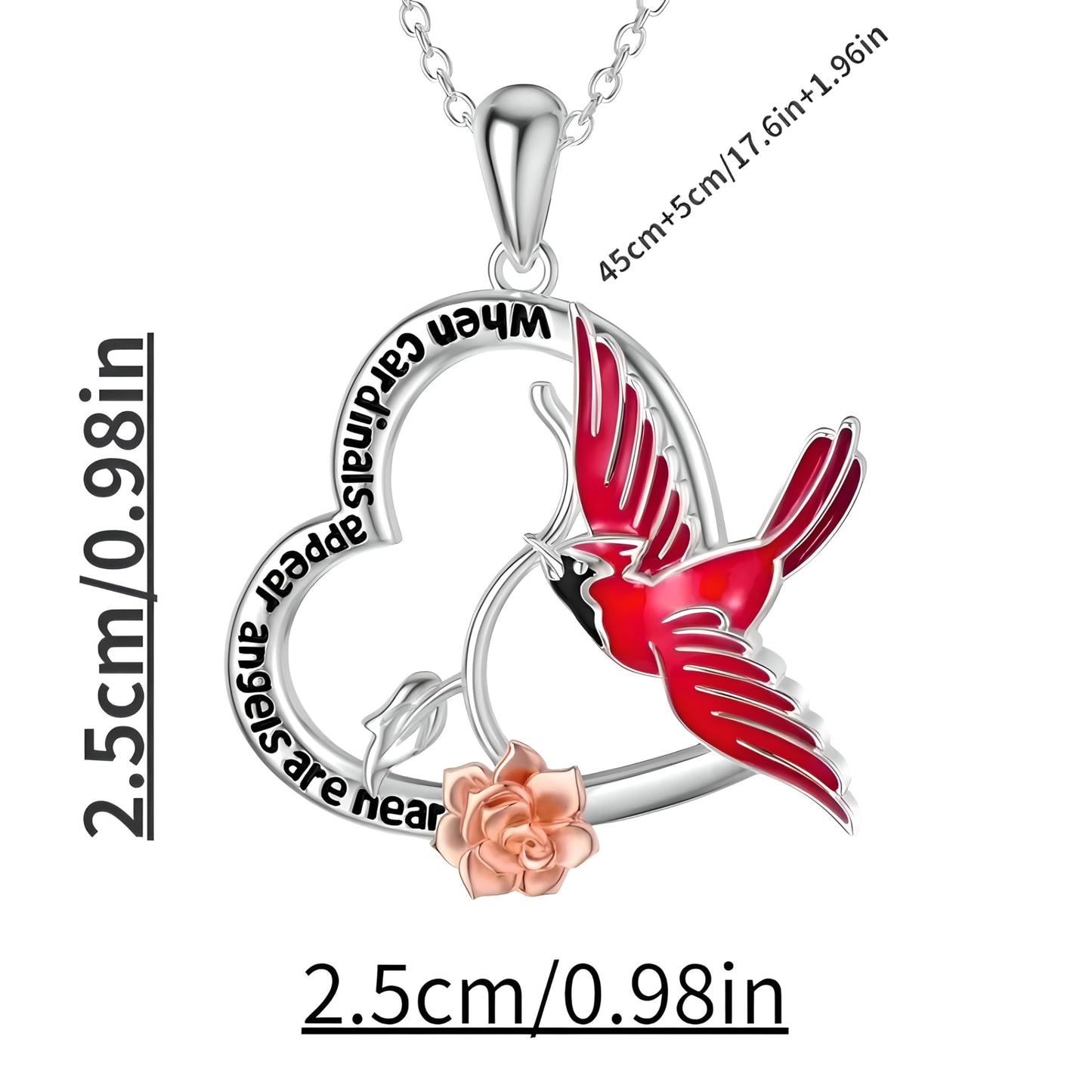 Cardinal Heart Necklace with Rose Pendant, Sterling Silver Chain, 17.6 inches - Cardinal Jewelry Gift