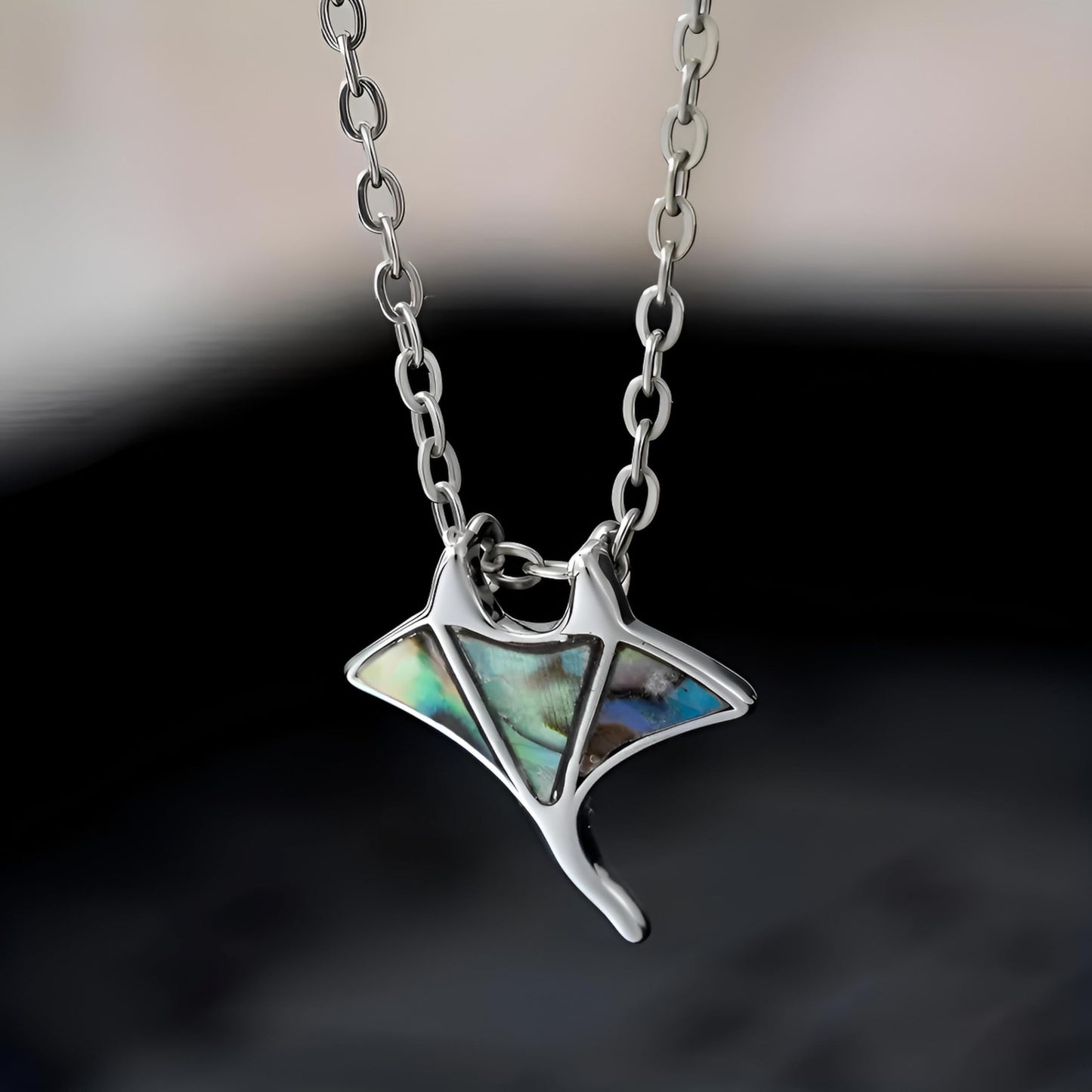 SUPAC Stainless Steel Manta Ray Pendant Necklace with Abalone Shell Inlay, 15.75 Inches Chain