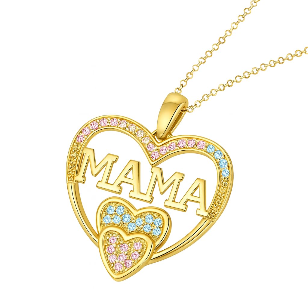 Gold Heart Shaped "MAMA" Necklace, Sparkling Stainless Steel Necklace- with Blue and Pink Simulated Diamonds, Christmas or Birthday Gift