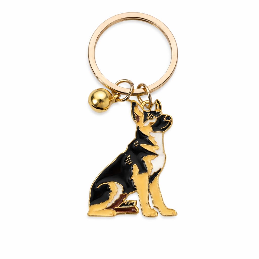 SUPAC Elegant German Shepherd Dog Keychain, Black and Gold Enamel Charm with Bell, Metal Key Ring, 1.5 x 1.09 Inch