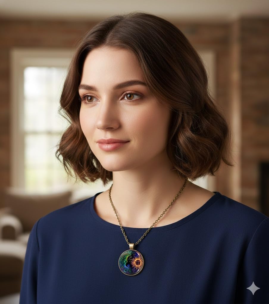 Celestial Sun and Moon Pendant Necklace, 17.7 inch Chain, Colorful Mystical Design (Bronze Chain)