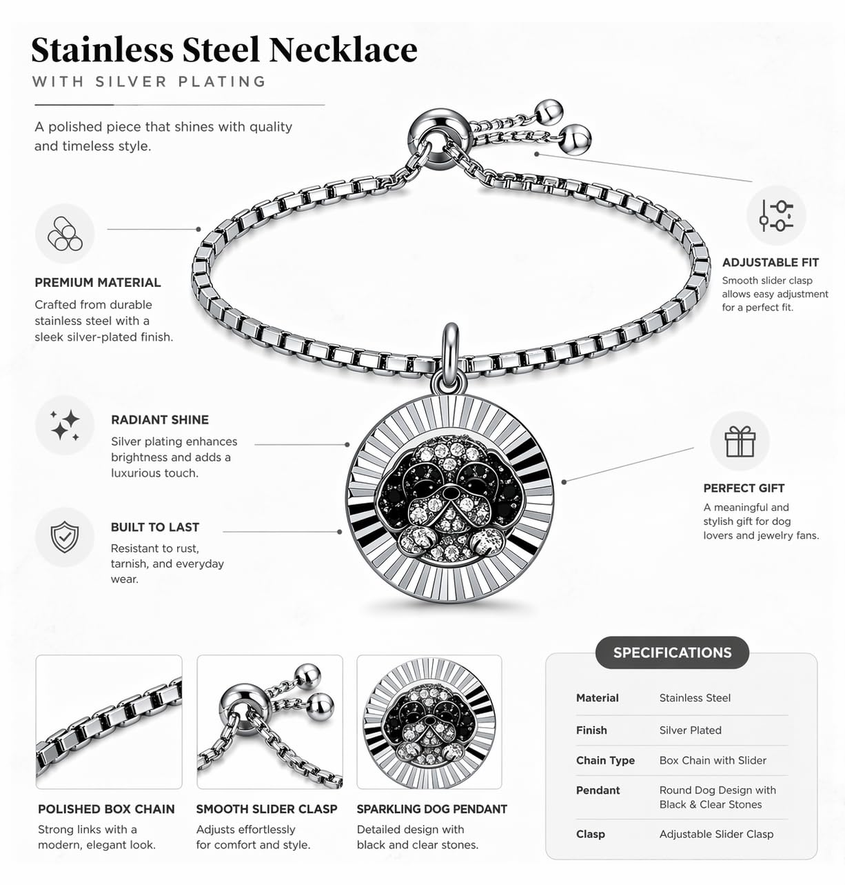SUPAC Shih Tzu Charm Bracelet, Stainless Steel with Silver Plating, Adjustable Box Chain, Round Dog Pendant with Black & Clear Stones