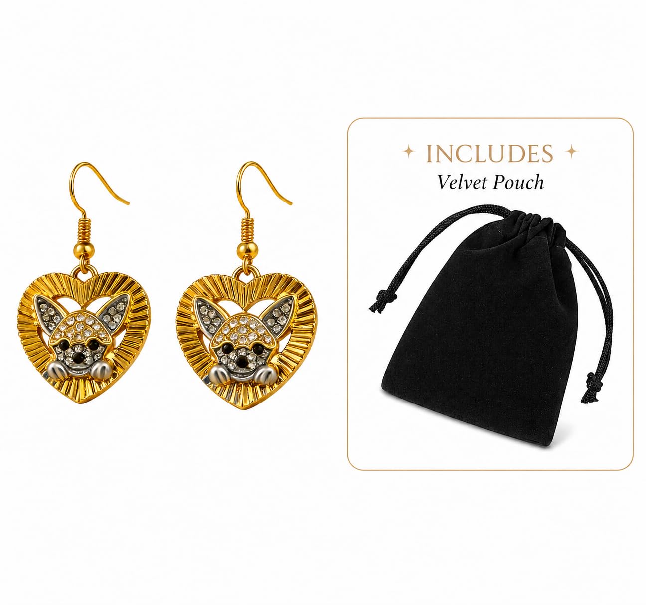 Chihuahua Heart Dangle Earrings, Gold Tone Stainless Steel, Crystal Rhinestone Dog Charm, 0.90 in - Stainless Steel Jewlery, Dog Lover's Gift