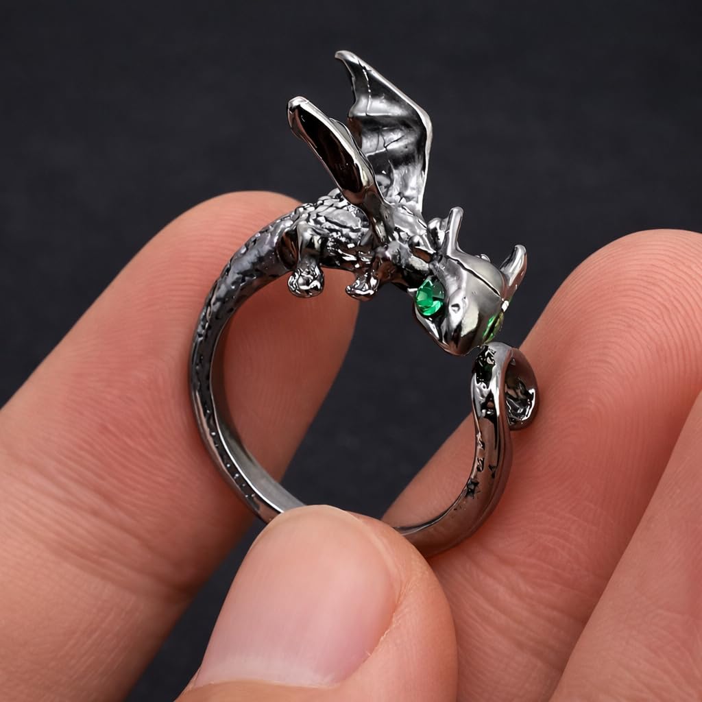 SUPAC Whimsical Silver Flying Dragon Ring - Unique Animal Shape Design, Adjustable Index Finger Ring for Men or Women, Cute Personality Statement Jewelry, Niche Fashion Accessory