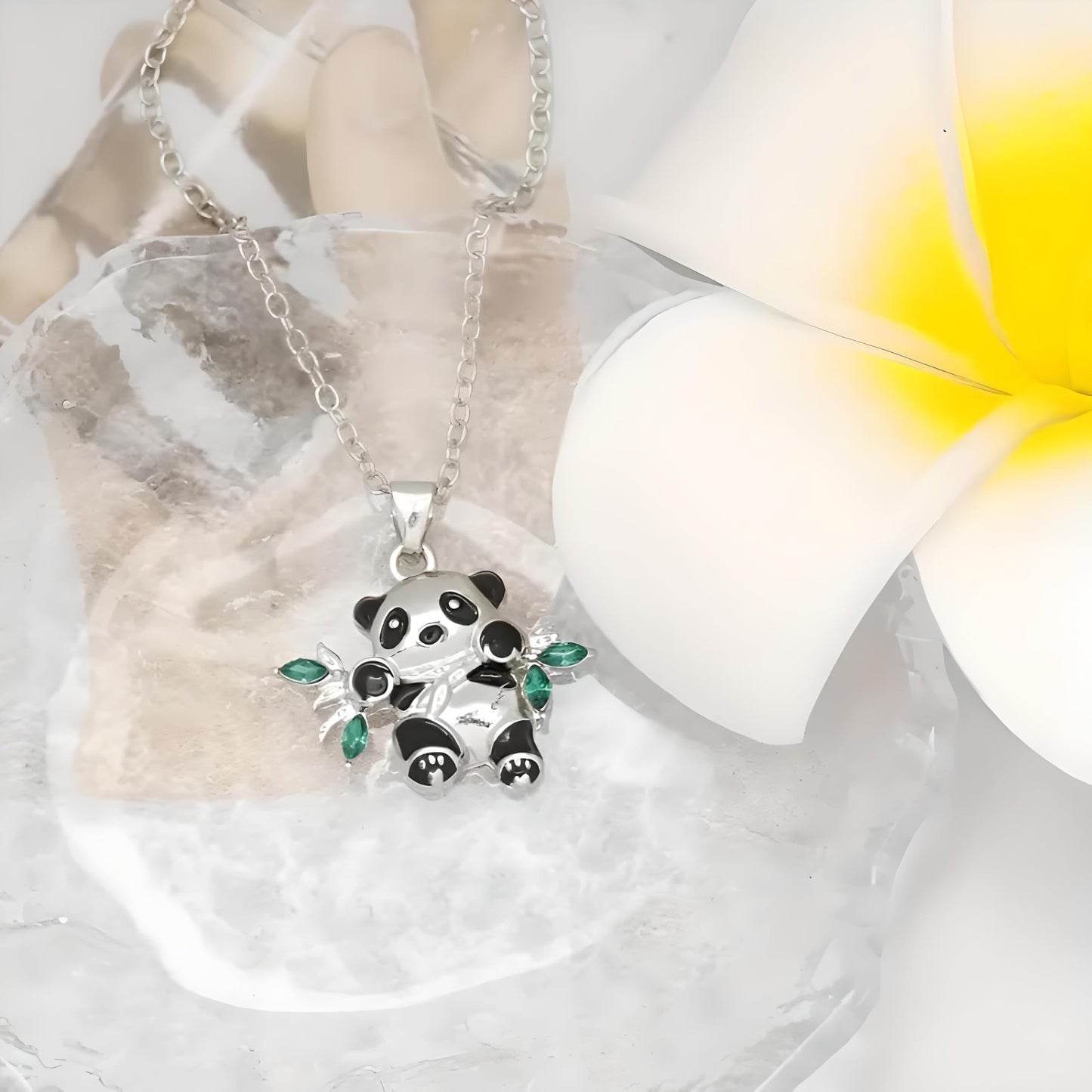 Panda Jewelry Set with Necklace, Earrings, Bracelet and Keychain, Silver with Green Crystal Bamboo Leaves