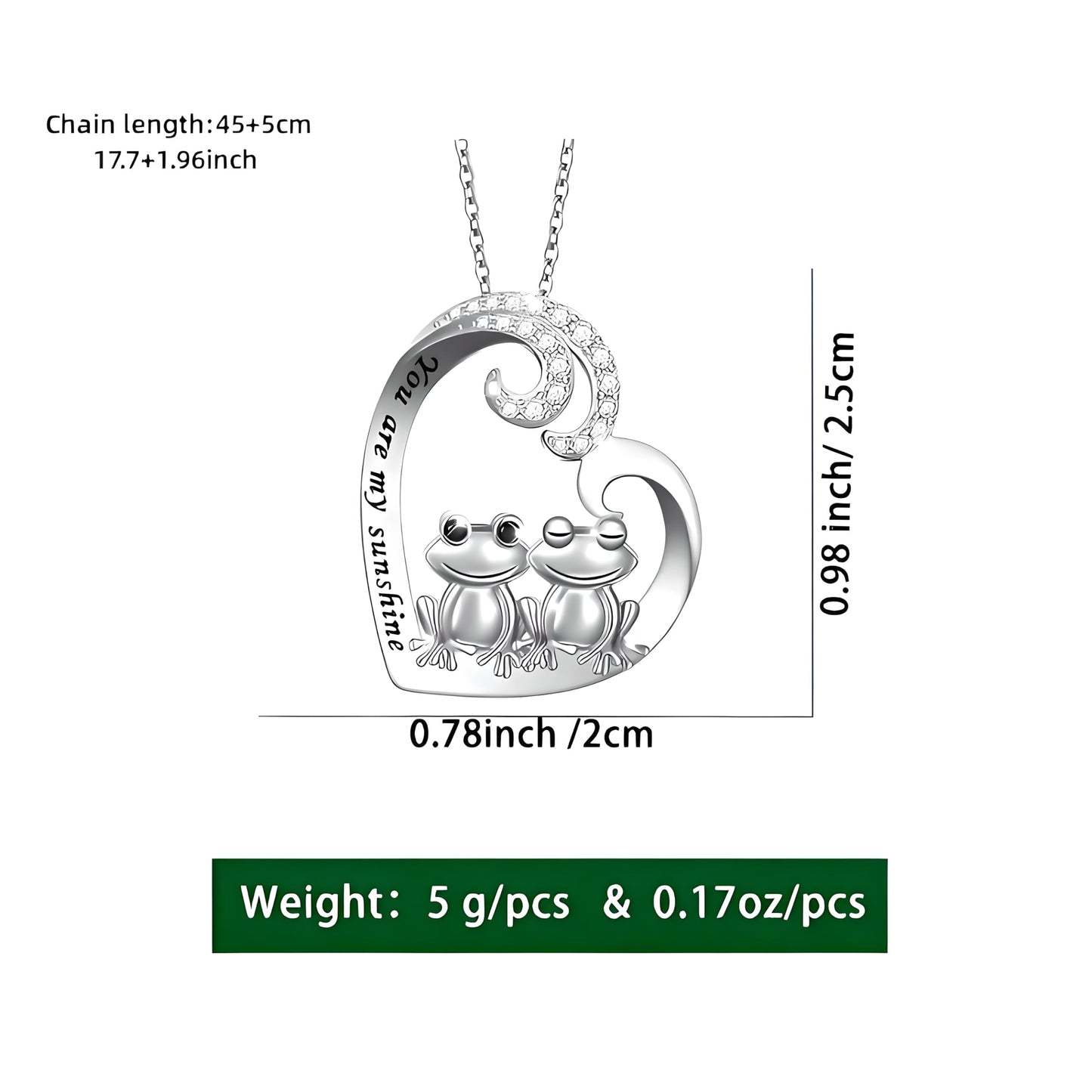 Cute Frog Couple Heart Pendant Necklace, Stainless Steel Chain 19.7 inch, Crystal Accent - Engraved 'You are my sunshine'